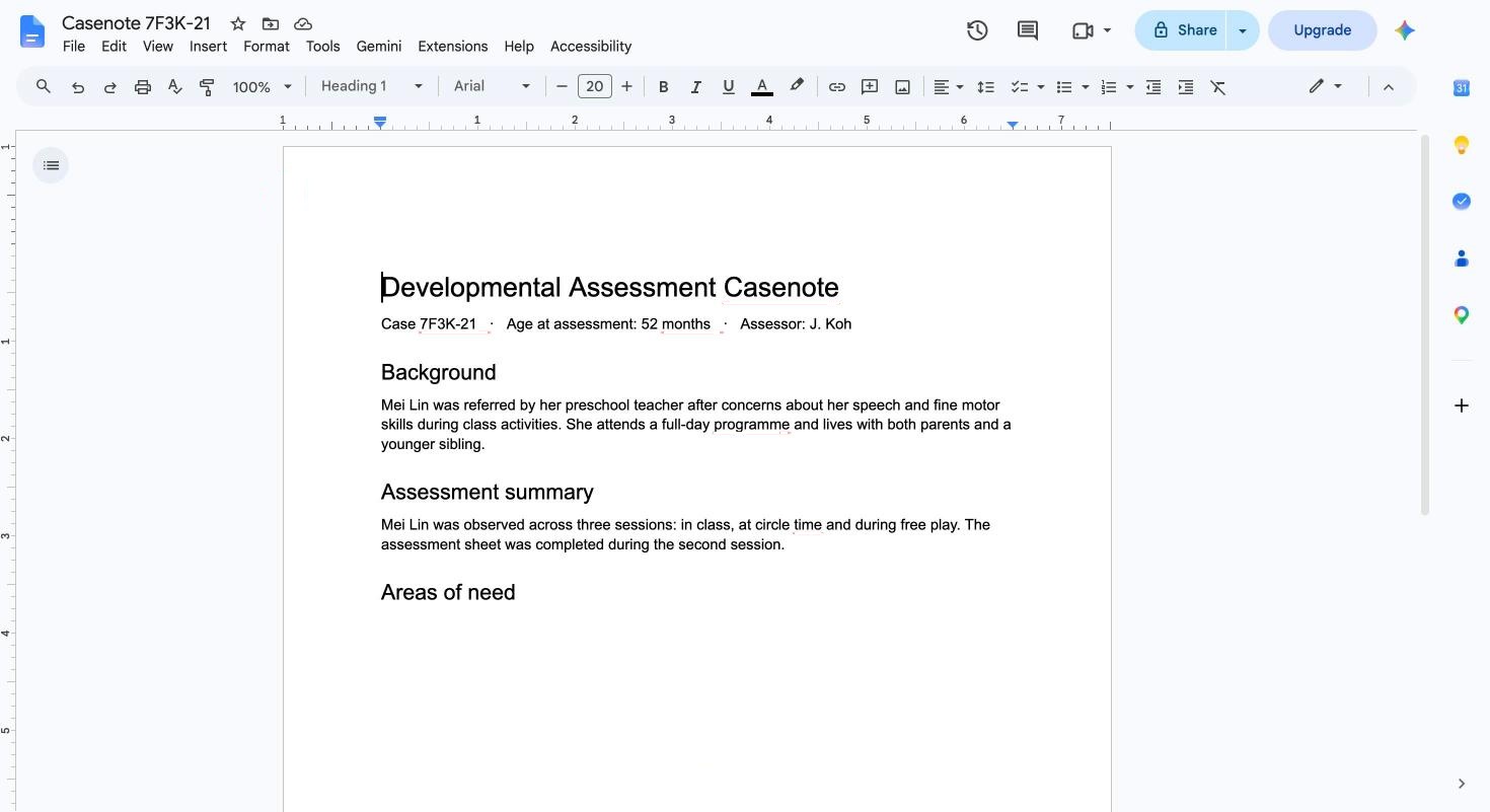A casenote open in Google Docs